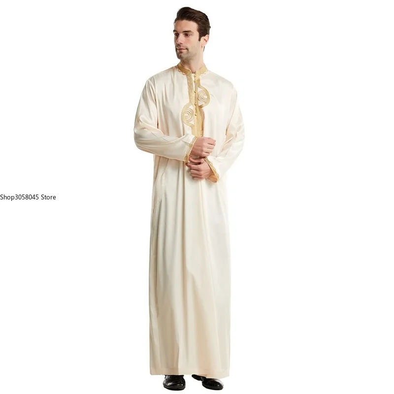 Men Dishdasha Muslim Long Sleeve Dress Daffah Thobe Jubba Saudi Arab Thoub Kaftan Islam Clothing Robes Abaya Dubai Middle East