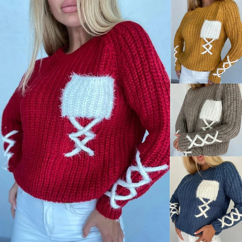

Hot Sale In Autumn And Winter Fashion Ladies New Round Neck Tether Pure Color Pit Pocket Casual Knitted Sweater Women