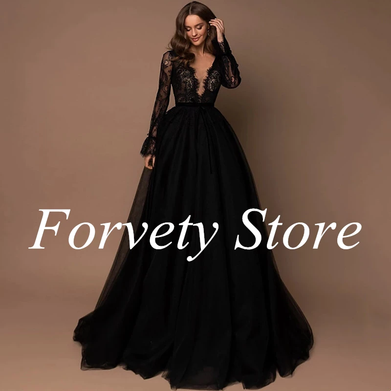 

Elegant Tulle Lace Evening Dress Long Sleeves V-Neck Prom Gowns A-Line For Women Fashion Bow robes de soirée vestidos de fiesta2