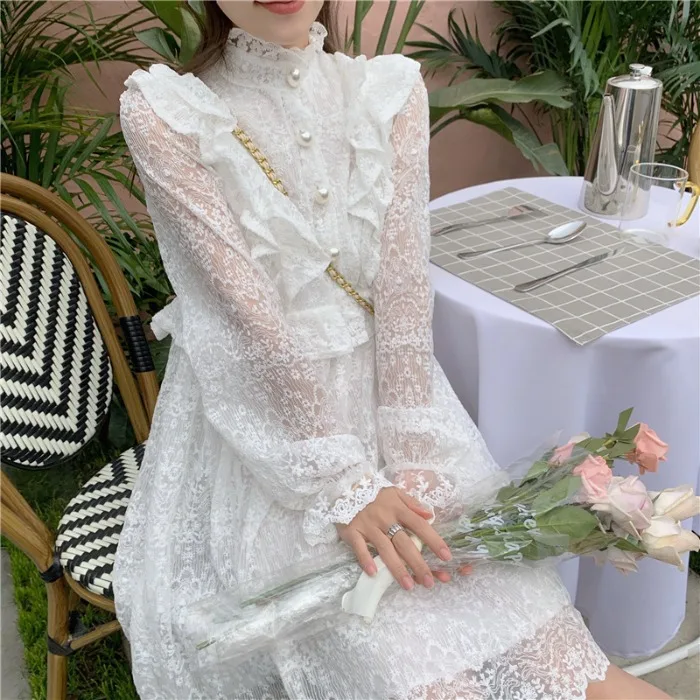 

Women's Vintage Lace Elegant Party Dress 2021 Spring Summer Long Sleeve Lace Fairy Dress White Dresses For Women