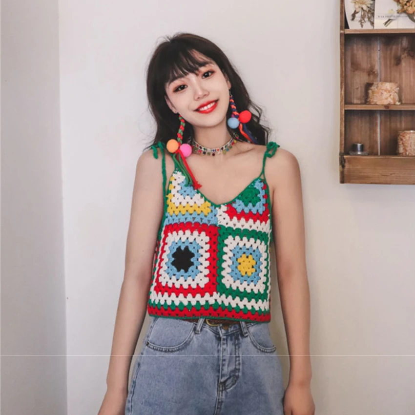 

Bohemain Handmade Crochet Tops Summer Retro Vintage Knitted Tank Tops Sexy Crop Vest Women Holiday Beach Tanks Camis Mujer