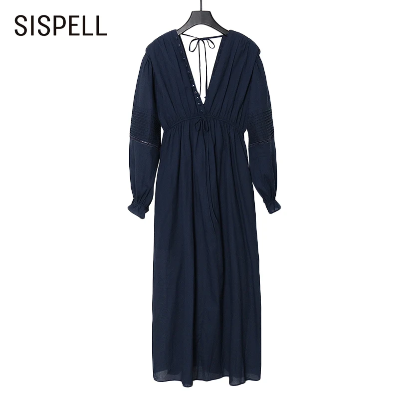 

Женское платье с бантом SISPELL, однотонное платье с длинным рукавом-фонариком, V-образным вырезом и высокой талией, 2021