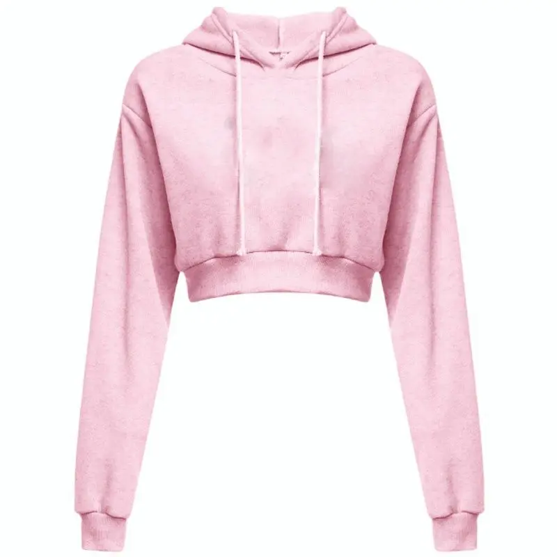 Women Fashion Solid Color Print Mouth Crop Hoodies Female Casual Long Sleeve Jumper Hooded Pullover Tops Outfits 10 Colors