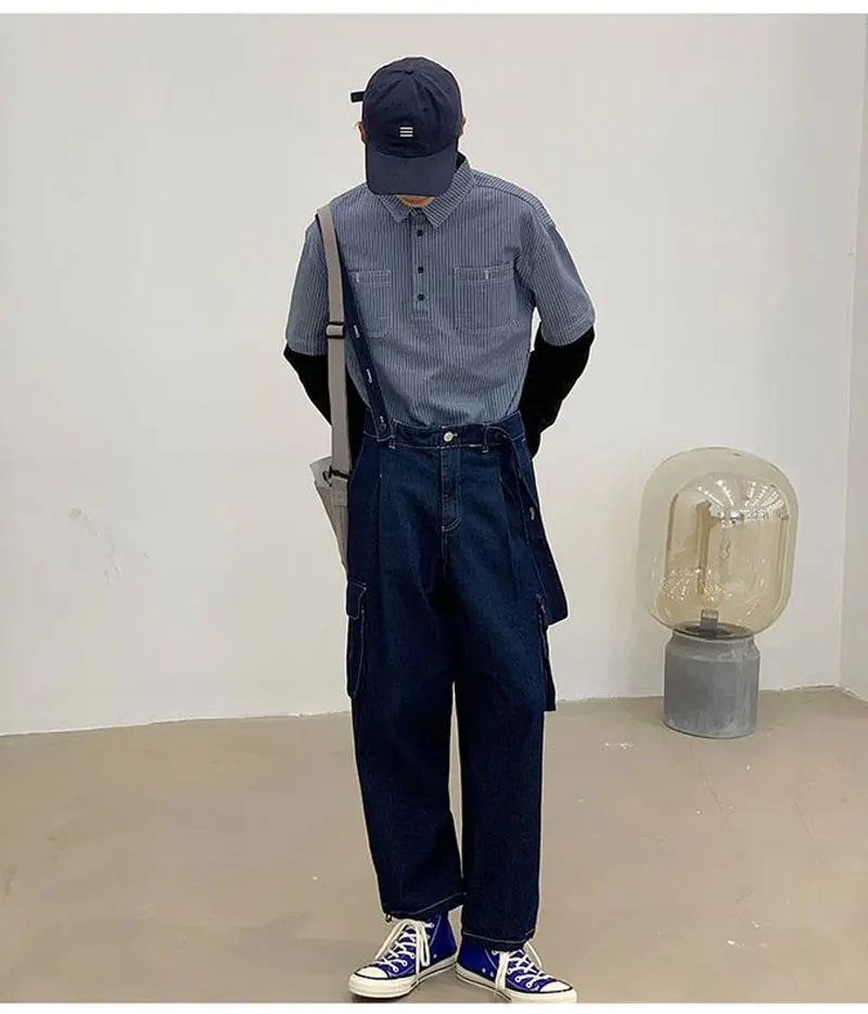 2021 Men Bib Overalls Denim Pants Casual Wash Loose Fashion Hip Hop Black Jeans Streetwear Jumpsuit Ankle Length