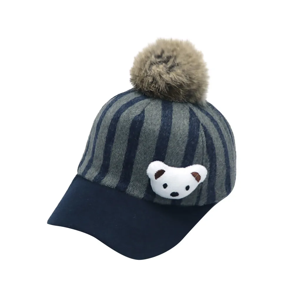 Children Woollen Cloth Stripe Little Bear Hair Ball Baseball Cap Hat Hip Hop Caps Fitted Snapback Cotton sports cap | Аксессуары для
