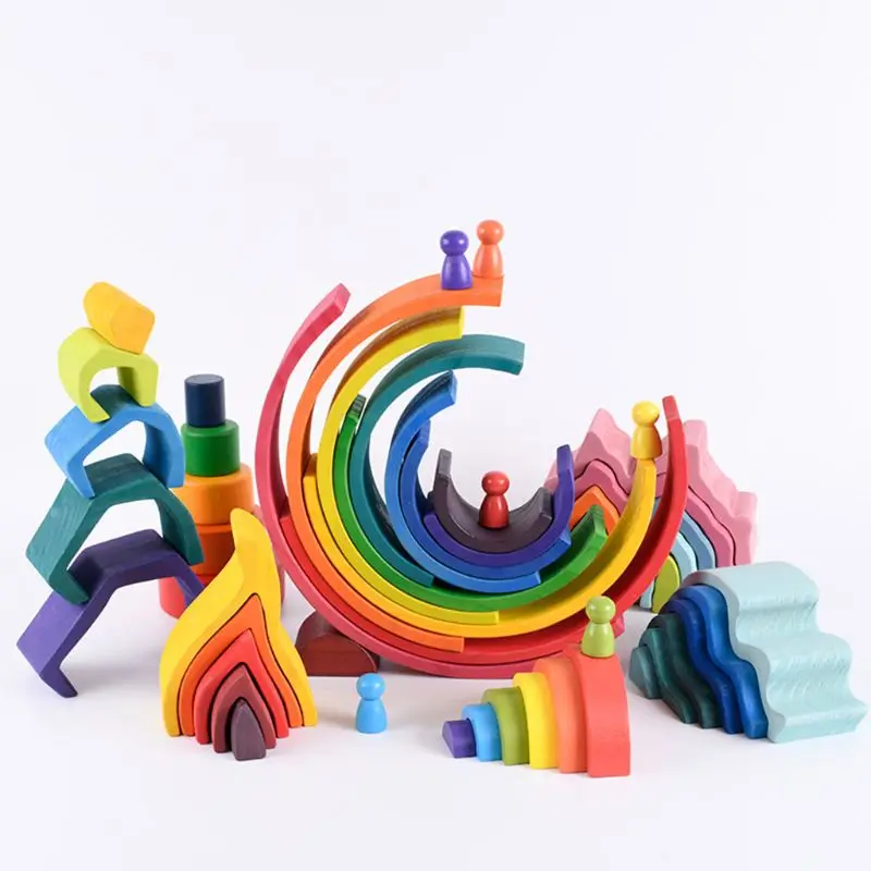 

Kids Wooden Rainbow Building Blocks Sea Wave Hand-Eye Puzzle Educational Toys