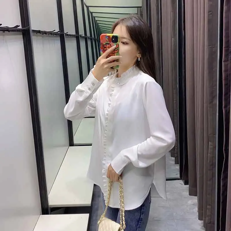 

Women's Shirt Fashion 2020 Summer Elegant White Blouse Ruffled Top Women Blouses Office lady Long Sleeve Tops