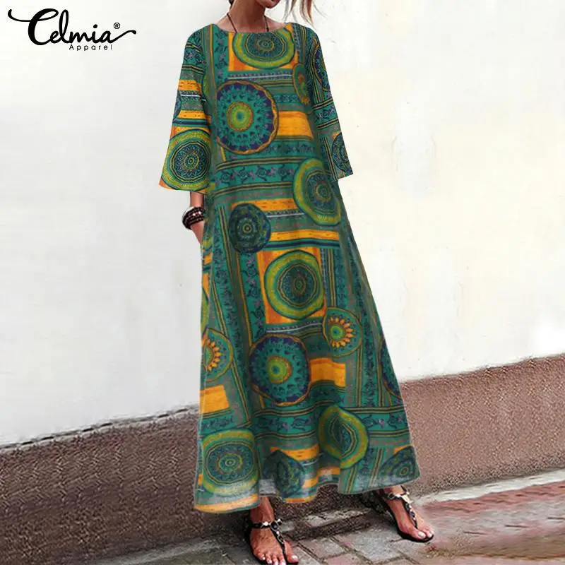 

Women Summer Dress 2022 Celmia Bohemian Printed O-neck Vestidos Kaftan Robe Longue 3/4 Sleeves Casual Loose Party Maxi Dresses