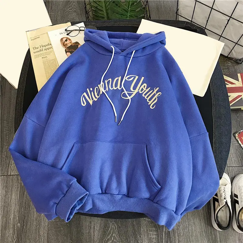 Blue 2 Плюс бархатные толстовки для женщин осень с буквенным принтом пуловеры с молнией с капюшоном женские толстовки повседневные свободные свитшоты - Цвет: Blue 2