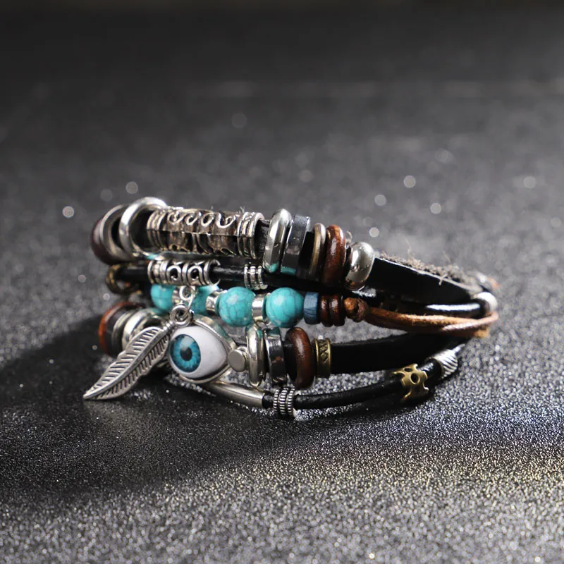 Многослойный кожаный браслет для мужчин и женщин винтажное ювелирное изделие с