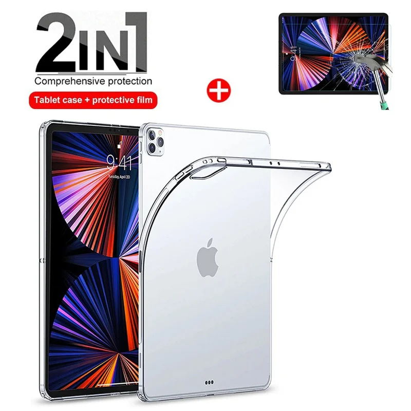 

Case + Glass For iPad Pro 12.9 2015 2017 2018 2020 2021 12.9inch Shell Cover TPU Silicon Transparent Slim Airbag Cover and Glass