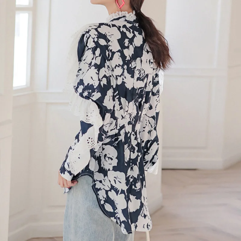 Модная ретро Лоскутная кружевная выдалбливающая Асимметричная женская рубашка