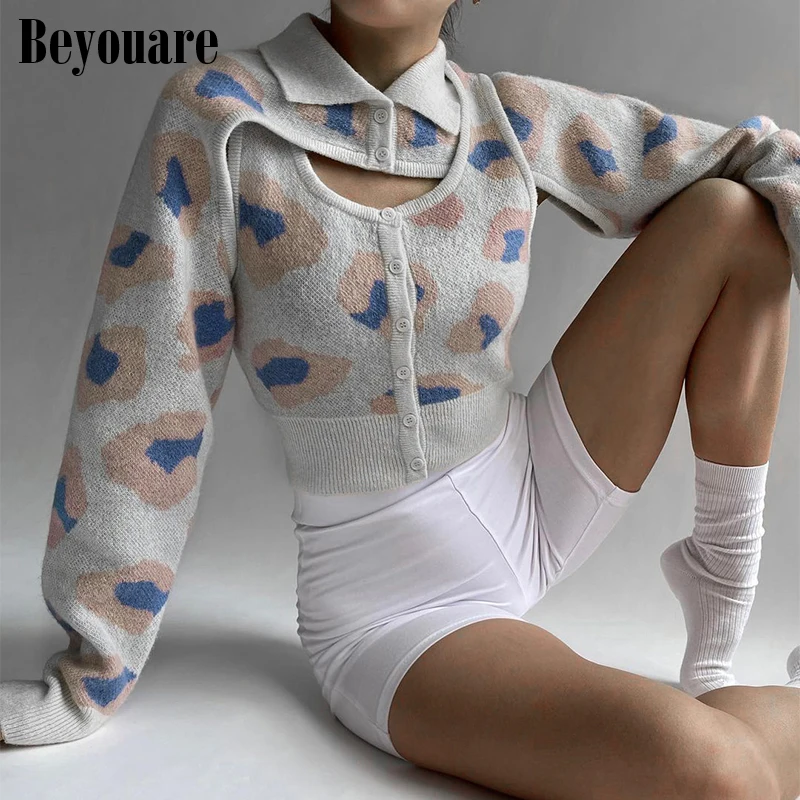 

Beyouare Knitted Women Crop Top Autumn Fashion Panelled Print Polo Neck Long Sleeve Buttons Pullover Smock Streetwear Accessorie