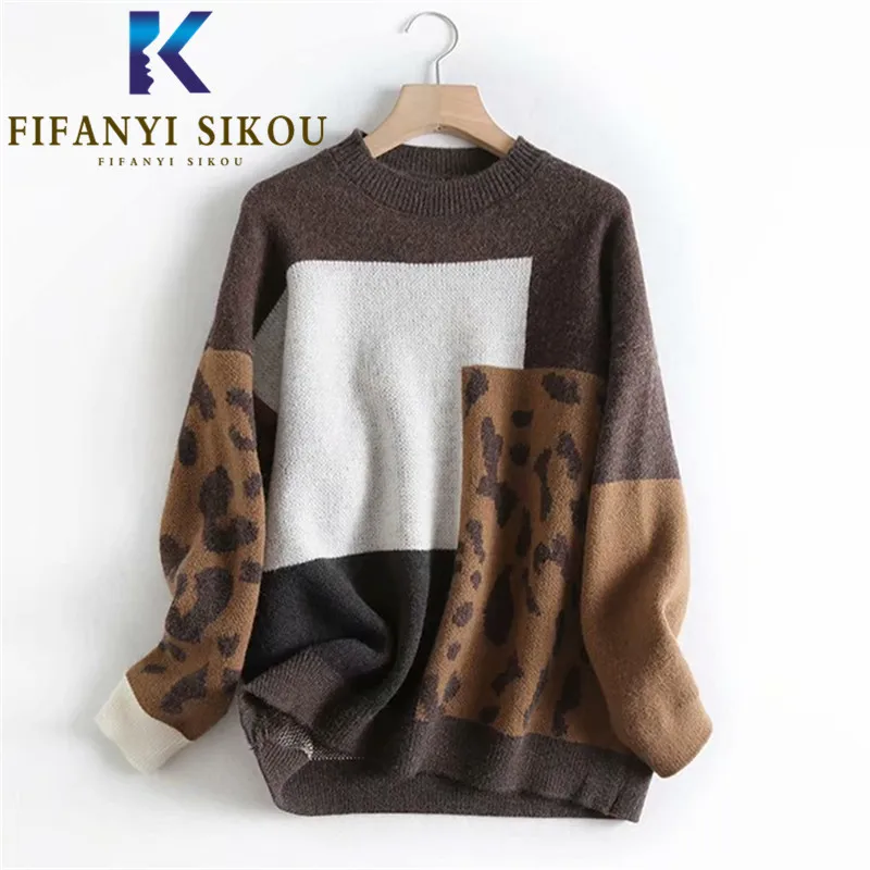 

Leopard Print Patchwork Women Knitted Sweater Autumn Winter Warm Tops O-Neck Long Sleeve Pullover Female Loose Fashion Sweaters