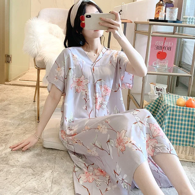 

Floral Print Women Nightie Knee Length V Neck Short Sleeve Summer Thin Ladies Nightgowns Home Clothes Sleepwear for Female