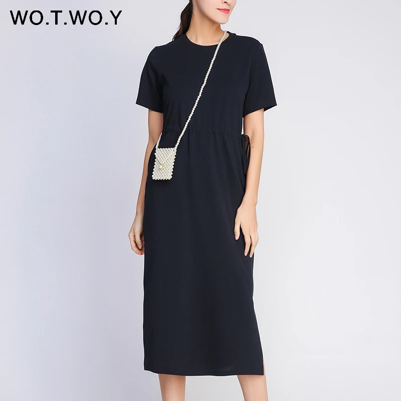 Платье WOTWOY женское длинное с круглым вырезом свободное хлопковое розовое до