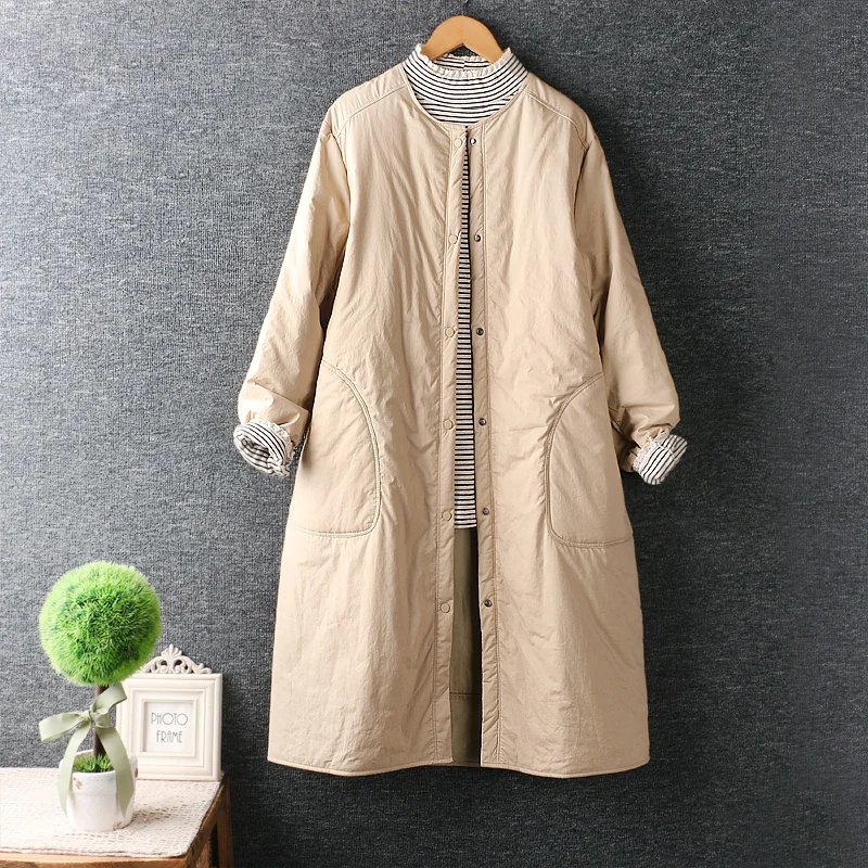 

2021 new autumn and winter sweet O-neck quilted mid length solid casual and loosen overcoat women mori girl trench