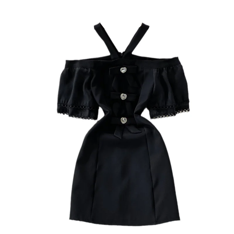 

Kimutomo Sweet Bow Mini Dress Women Summer Slash Neck Halter Off Shoulder Flare Sleeve High Waist Solid Party Dresses Elegant