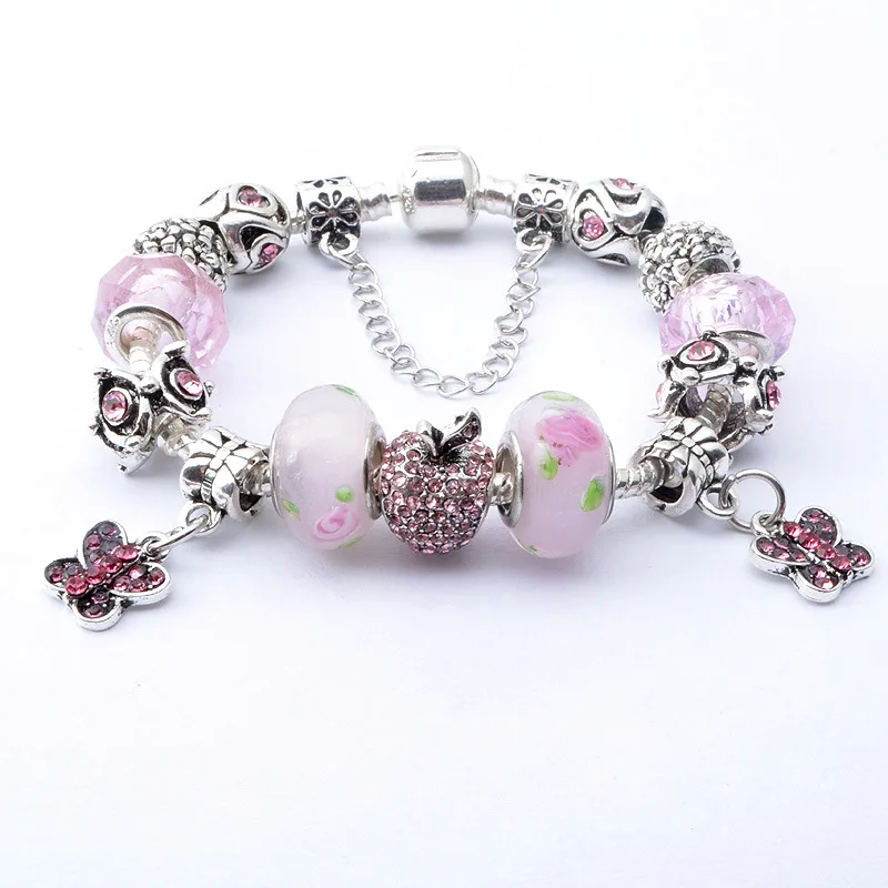 

Новый стиль Panjia, розовый браслет с бусинами в виде яблока и бабочки, модный подарок «сделай сам»