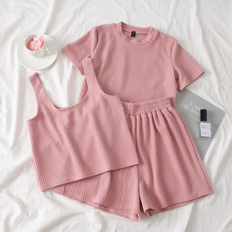 

New Women Tracksuits Summer Two Piece Sets 2020 Fashion Woman Crop Tops T Shirt + Tank Top + Shorts Outfit Pink Korean Sportsuit