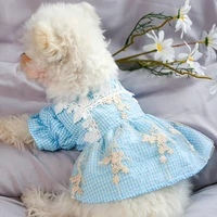 dog dresses vintage lace blue plaid dress fit small dog puppy pet cat embroidery mesh yarn skirt pet cute costume dog clothing
