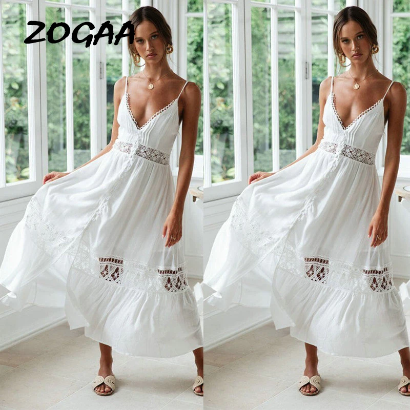 

Женское кружевное платье-макси ZOGAA, белое ажурное пляжное платье без рукавов и с V-образным вырезом, повседневное элегантное платье на лето