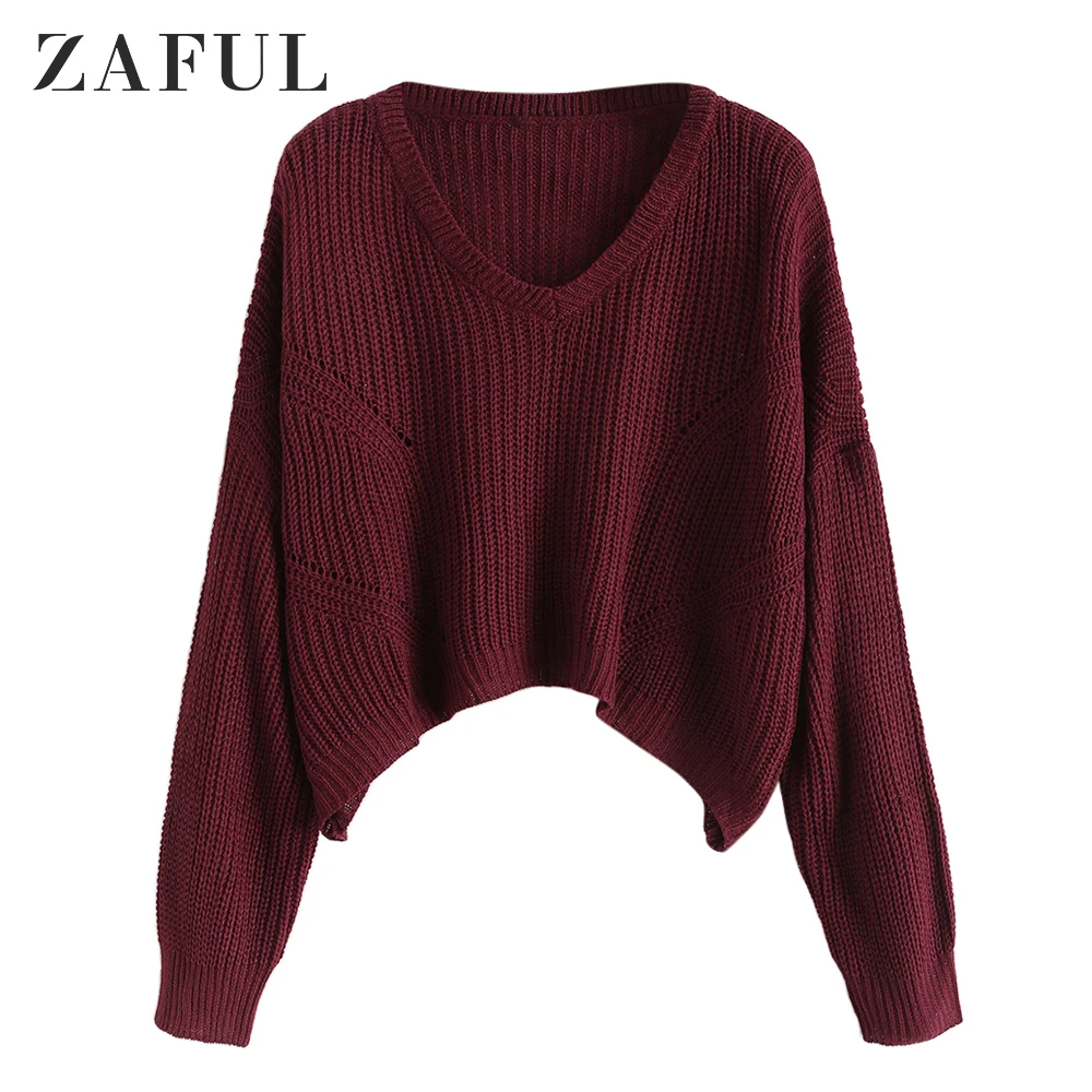 Короткий свободный свитер ZAFUL с v-образным вырезом и спущенными плечами