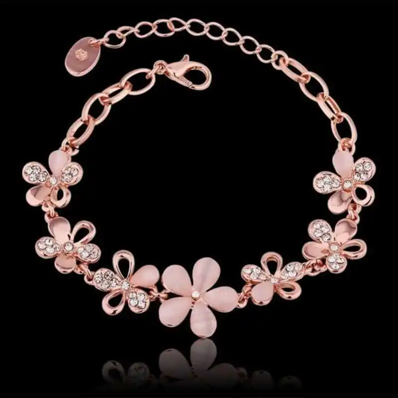 

Pink Chain Opal Bracelet Flower Rose Gold Color Women Charming Eye Cat's