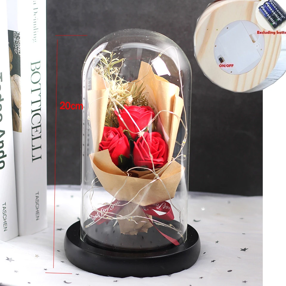 

A Bouquet of Red Roses Artificial Flowers on a White Base on a Glass Dome Home Decoration Valentine's Day Gift Mother's Day Gift