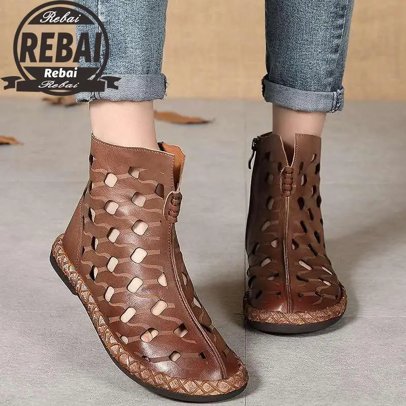 

Handmade Cowhide Women Sandals Gladiator Hollow Flat Heel Summer Shoes Woman Genuine Leather Flat Sandals Plus Size 35-43