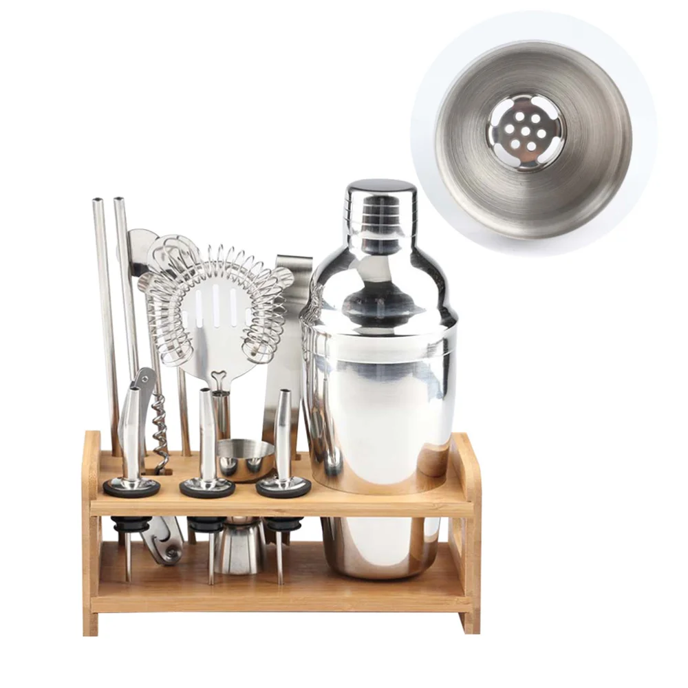 

1 Set Stainless Steel Cocktail Kit Wooden Base Cocktail Mixing Kit Drink Mixer Bartender Tools (750ML)