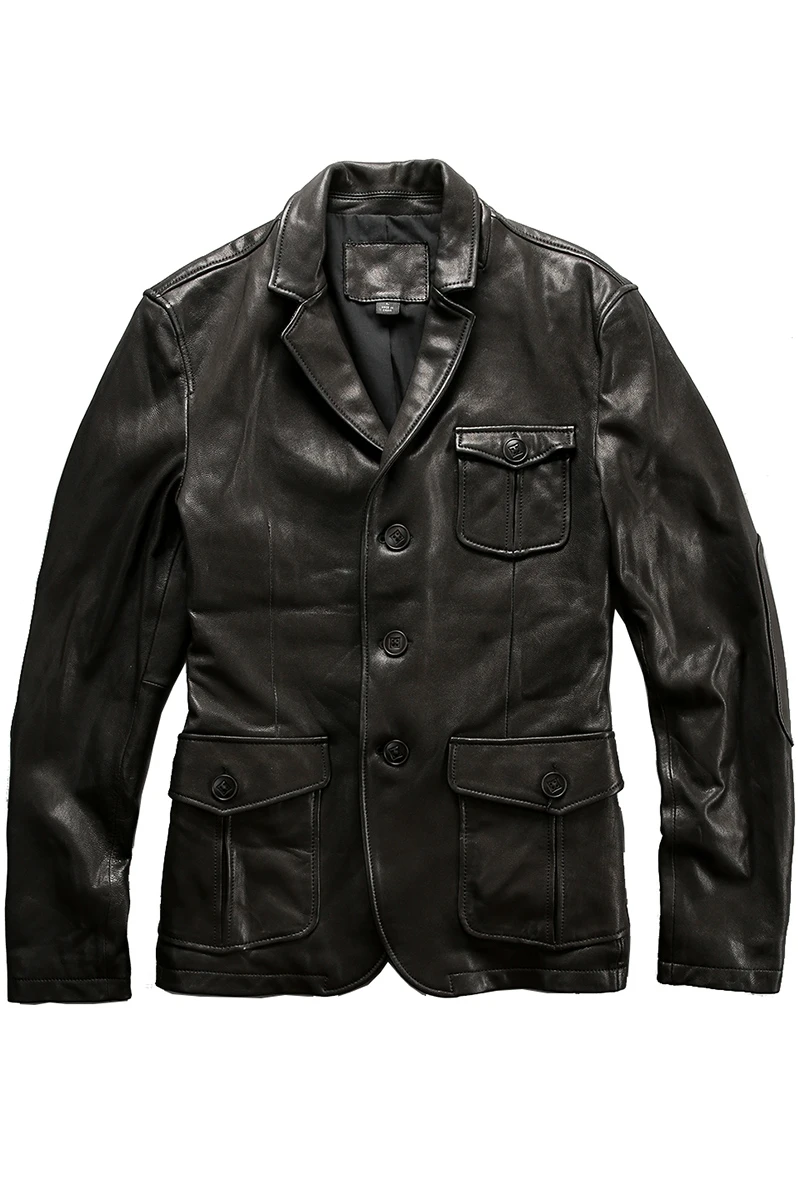 

Men's smart casual genuine suit black slim fit lapel leather men pockets sheepskin jacket for male