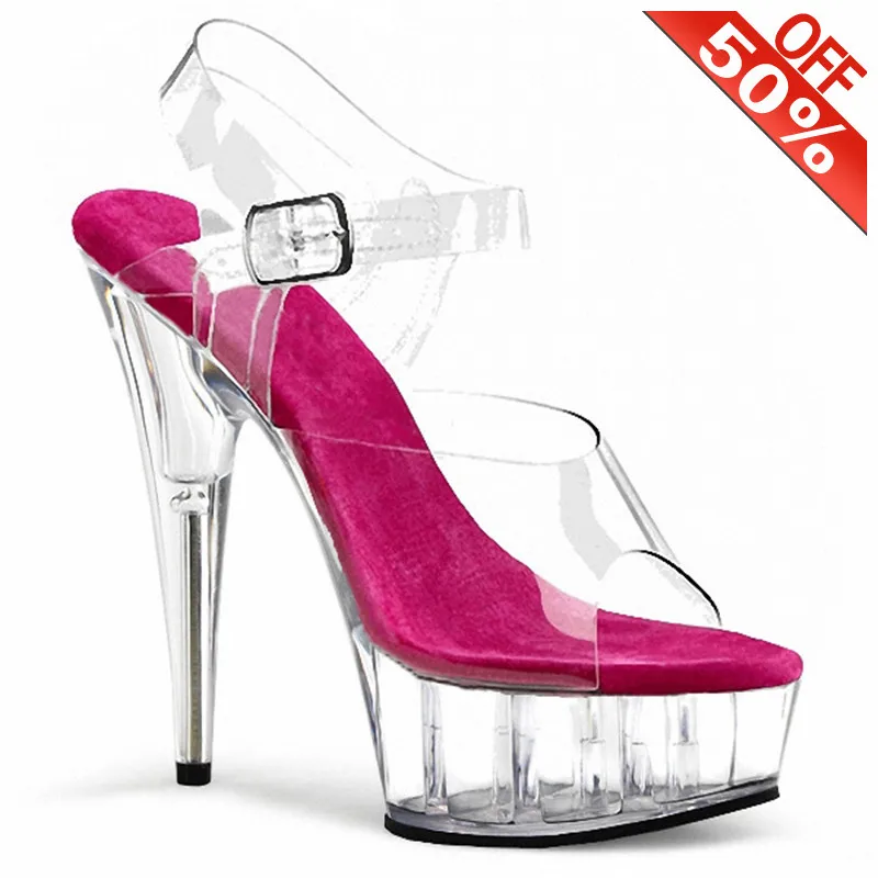 

Summer Clear Crystal Nightclub Open Toe Women's Platform Sandals 15CM High Stripper Heeled Pole Dance Shoes Concise 6Inches Show