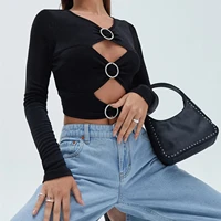 cut out black crop tops sexy women long sleeve v neck rhinestone metal ring front t shirts streetwear pullover tees