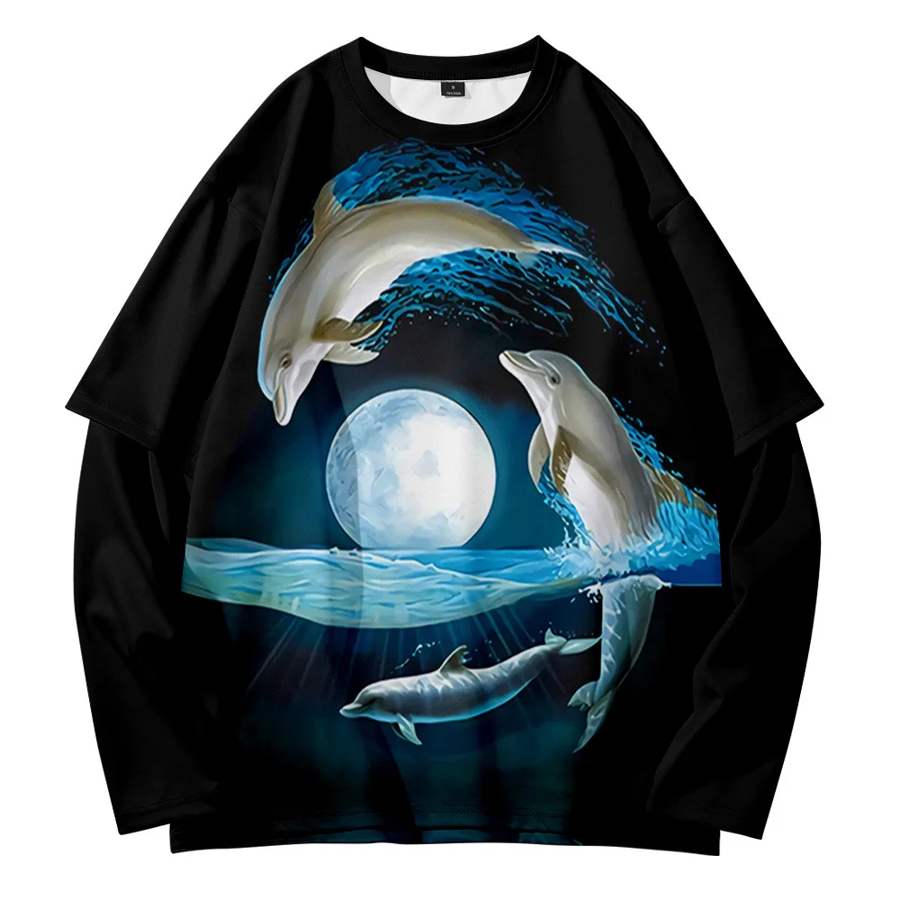 

Летний ретро-свитер с изображением дельфина с круглым вырезом