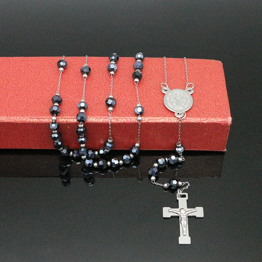

New Arrivals Necklace Jesus Christ Cross Pendant Necklace Sky Blue Bead 60CM Chain Women Virgin Mary Christian Fashion Jewelry