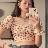 elegant women summer ribbed single breasted cardigan t shirts floral short puff sleeves button open crop tops with lace trim