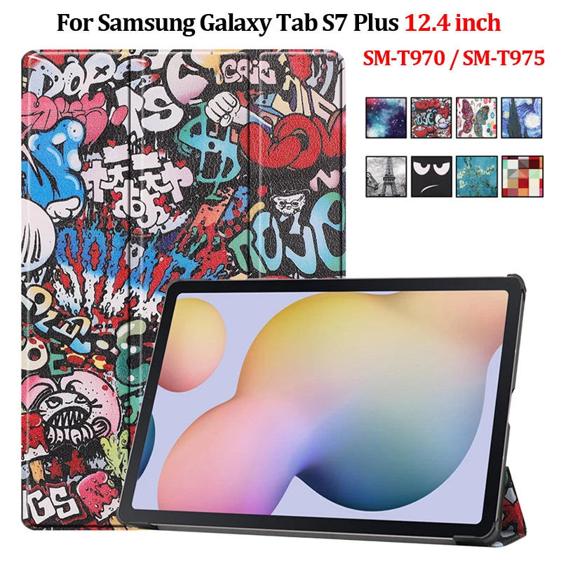 

Painted Case For Samsung Galaxy Tab S7 Plus 12.4 inch Leather Fold Stand Tablet For Funda Galaxy Tab S7 Plus Case T970 T975 T976