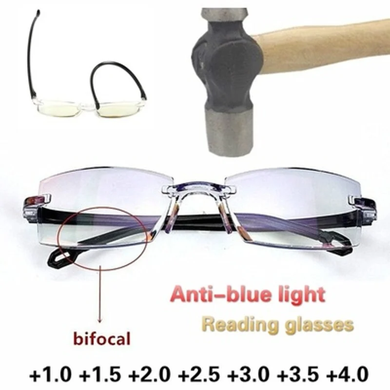 

2020 Men Women Rimless Reading Glasses Anti Blue Light Bifocal Far Near Magnification Eyewear Presbyopic Glasses +150 +200