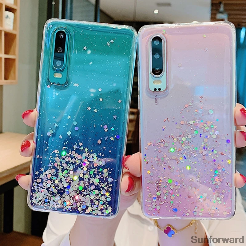 Мягкий блестящий чехол из серебристой фольги со звездами для Huawei P40 Pro P30 P20 Mate 20 30