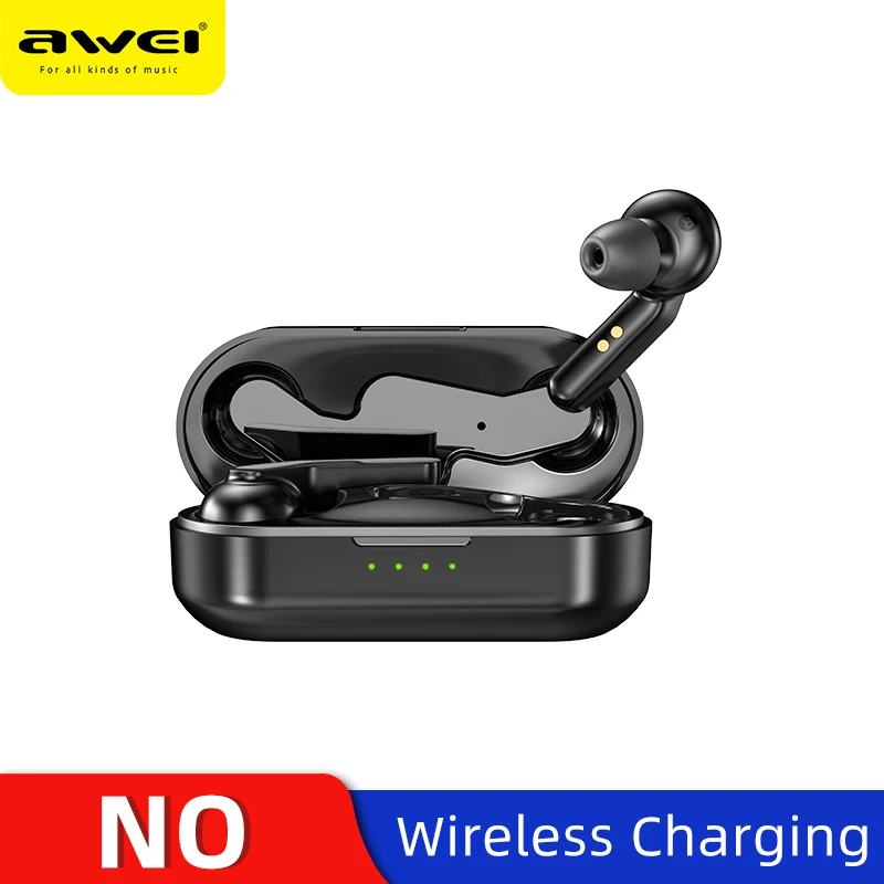 AWEI TWS Bluetooth V5.0 настоящие беспроводные наушники для зарядки с двойным микрофоном шумоподавление HiFi 6D бас игровая гарнитура сенсорное управление Качественные Наушники с микрофоном звук чистый и басс - Цвет: T10BK
