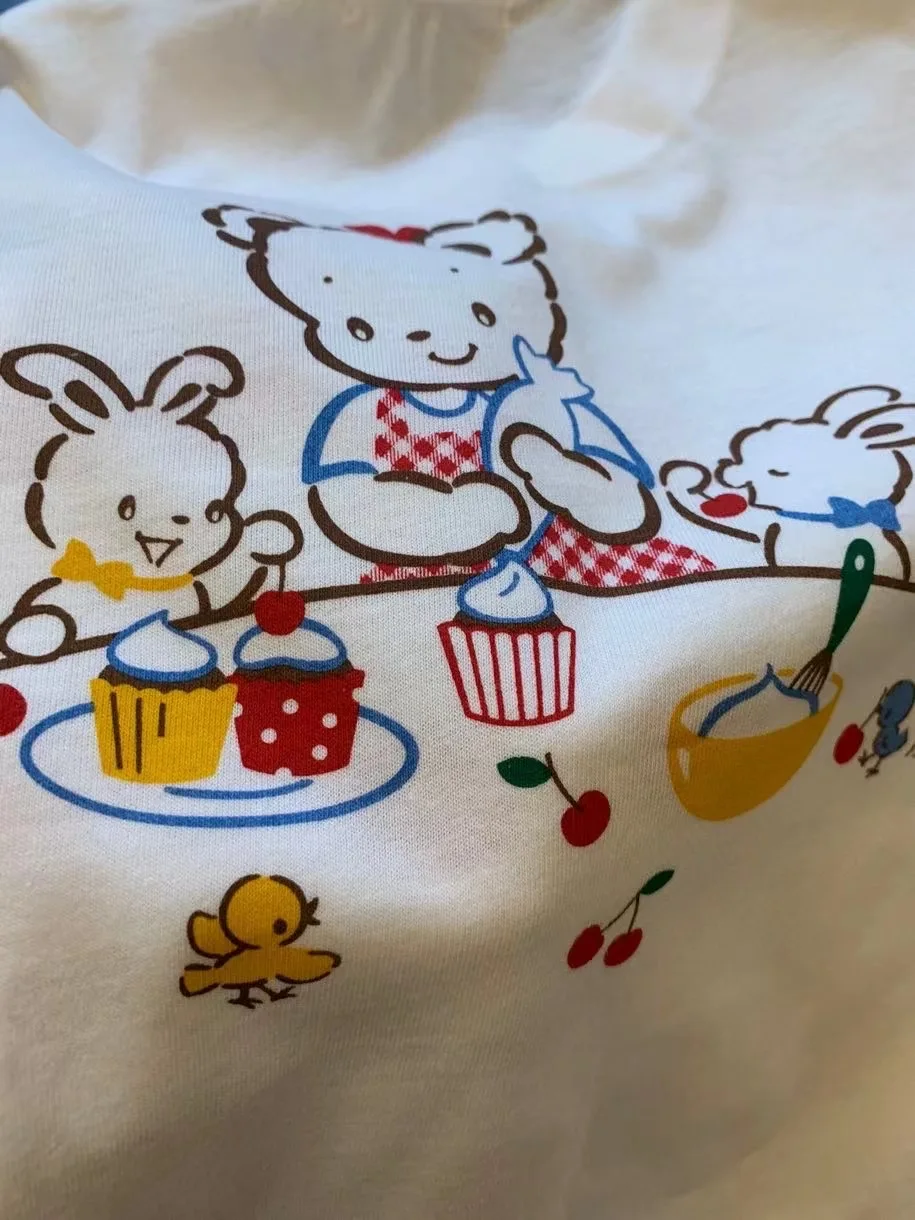 

2021 Presale 20th May Summer t-shirt for kids baby girls 100% cotton bear cherry pattern girls white tees