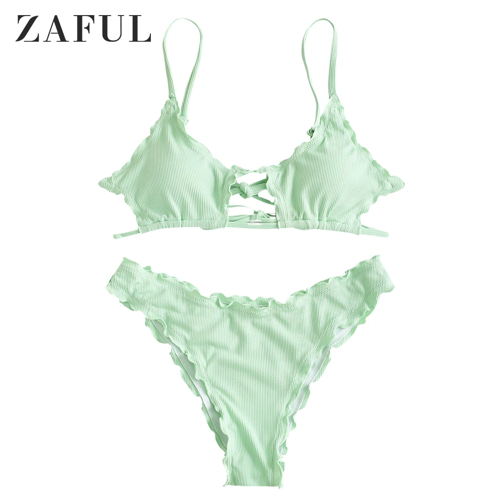 

ZAFUL 2022 Solid Color Light Green 2 Piece Women Beachwear Lettuce Trim Ribbed Cutout Bikini Swimwear