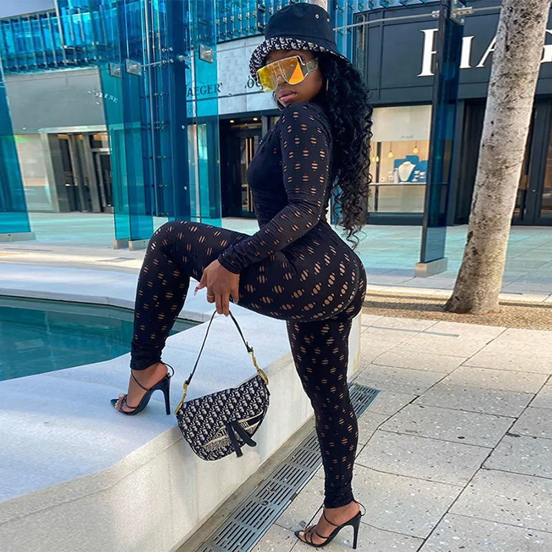 

INS Hottest Lace Women Skinny Jumpsuits for Nightclub Party 2021 Best Sale Hollow Out Long Sleeves Sexy Rompers with O Neck