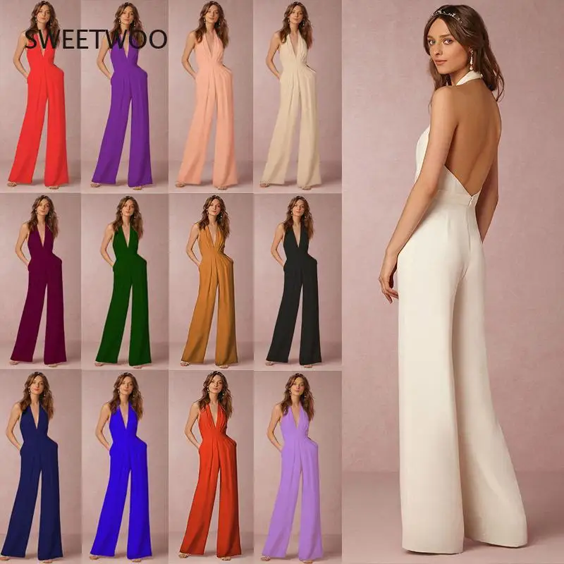 

Fashion Casual Wedding Long Pants Sexy Sleeveless Halter Elegant Wide Leg Pants Ladies Deep V Sexy Halter Pants Women