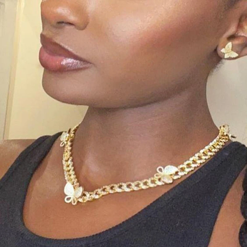 Женская цепочка Майами из кубинской цепи ожерелье с бабочкой розового золота