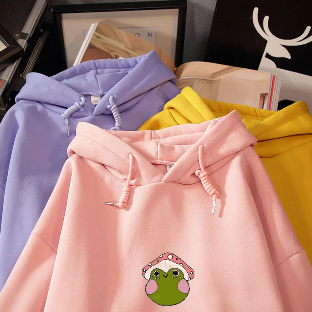 Loose Pink Hoodies Women Vintage Sweatshirt Aesthetic Frog Aesthetic Fleece Drawstring Pullover Sweetshirt Streetwear Unisex Top