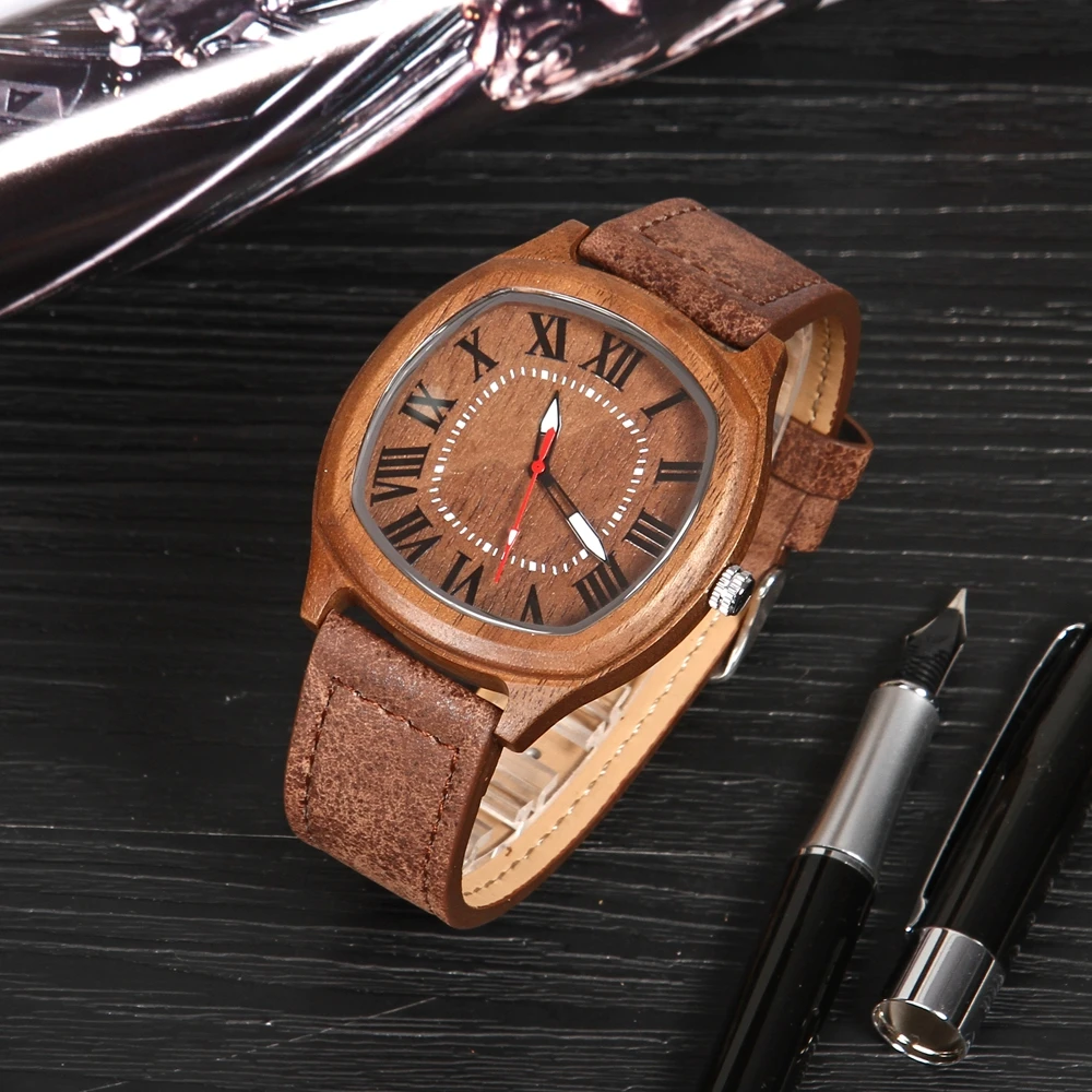 Мужские деревянные часы из черного дерева и красного цвета аналоговые кварцевые