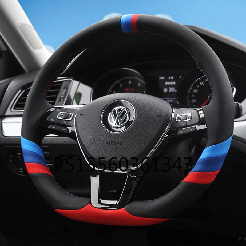 

DIY hand-sewn steering wheel cover fit for Volkswagen VW Magotan T-Cross Golf Sagitar Bora T-ROC Jetta Passat leather grip cover