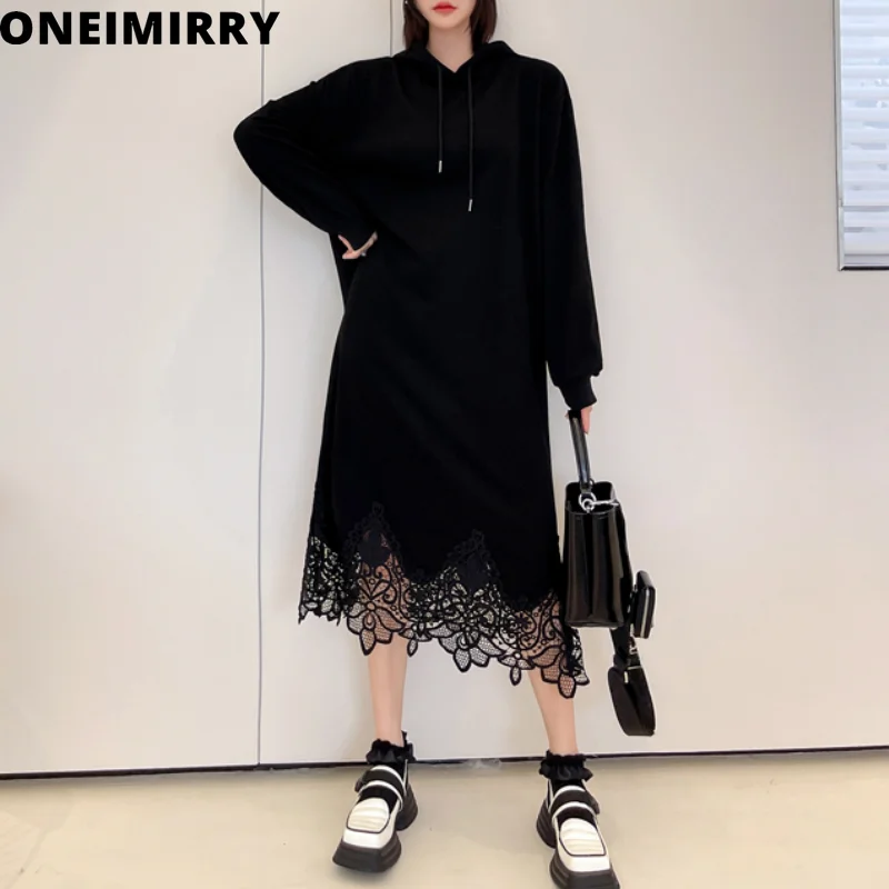 

Oneimirry Stitching Lace Hooded Dress Women Plus Size Long Sweatshirt Dresses Korean Elegant Casual Black Vestidos Fall 2021 New
